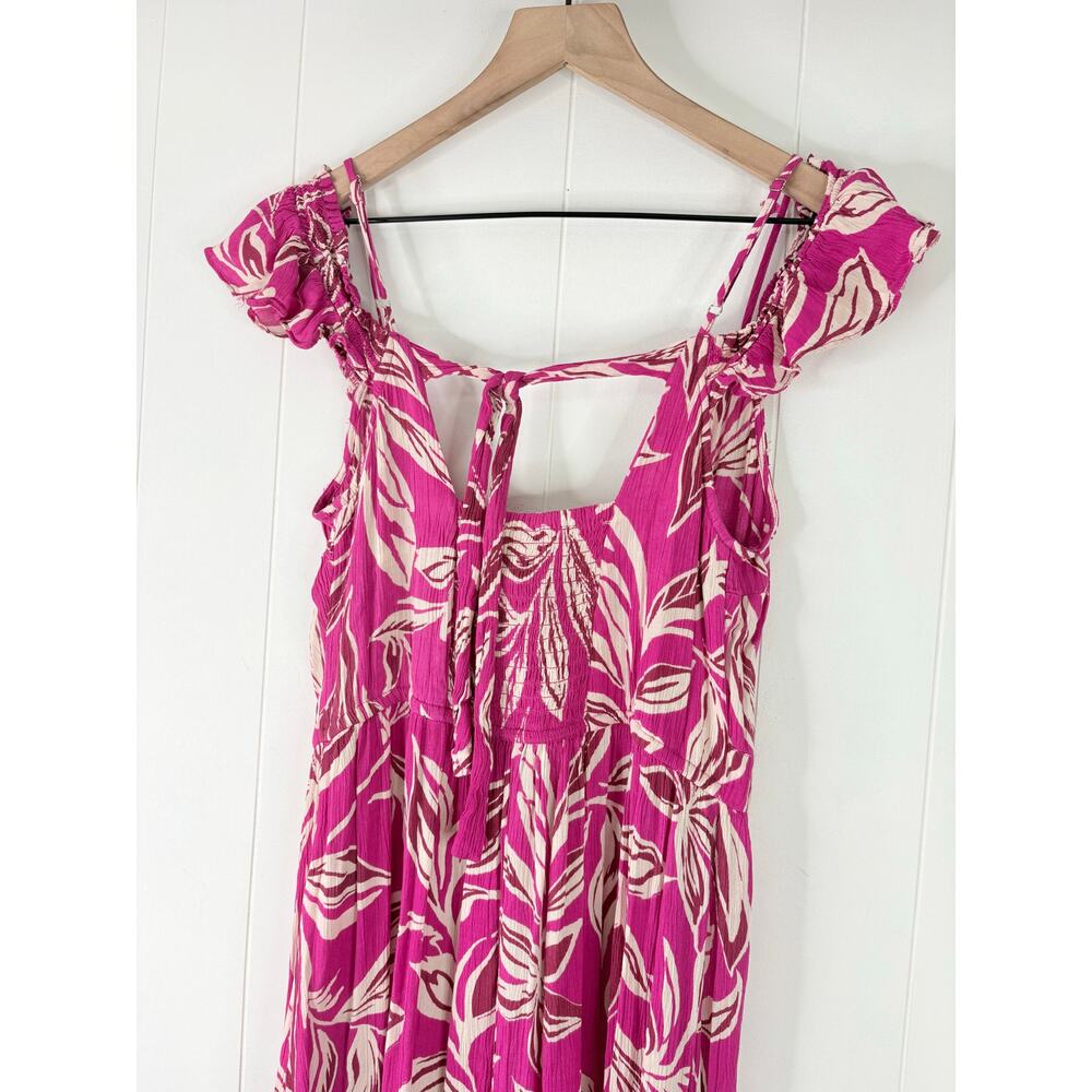 Band of the Free Pink Floral Smocked Maxi Dress Medium Tropical Leaf - Picture 7 of 9